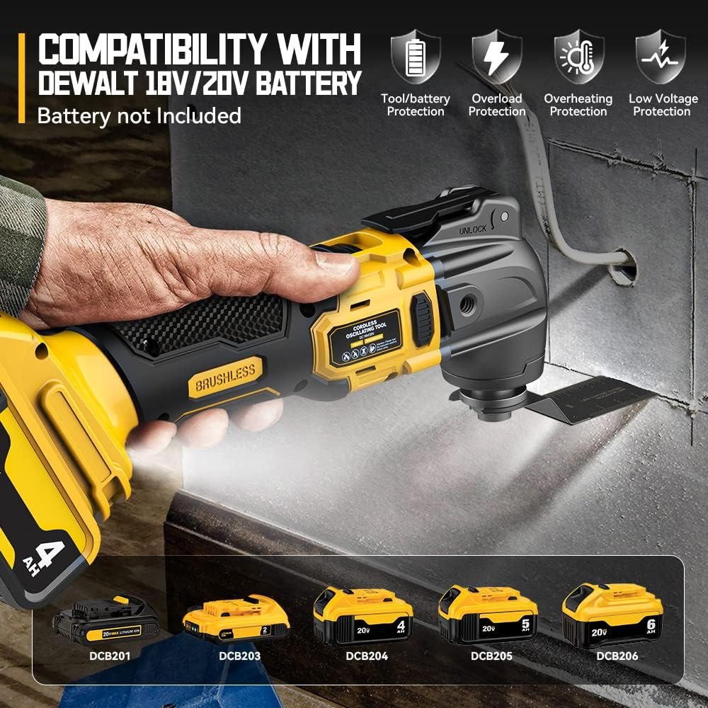 Cordless Oscillating Tool for Dewalt 20V Battery, 6 Variable Speed Brushless-Motor Tool, Oscillating Multi Tool Kit for Cutting Wood Drywall Nails Remove Grout  Sanding(Battery Not Included)