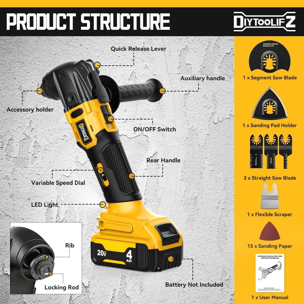 Cordless Oscillating Tool for Dewalt 20V Battery, 6 Variable Speed Brushless-Motor Tool, Oscillating Multi Tool Kit for Cutting Wood Drywall Nails Remove Grout  Sanding(Battery Not Included)