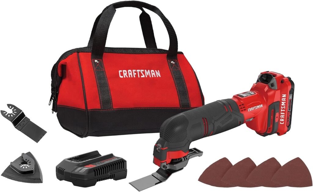 CRAFTSMAN V20 Cordless Multi-Tool, Oscillating Tool Kit, Blades, Sand Paper, Battery and Charger Included (CMCE501D1)