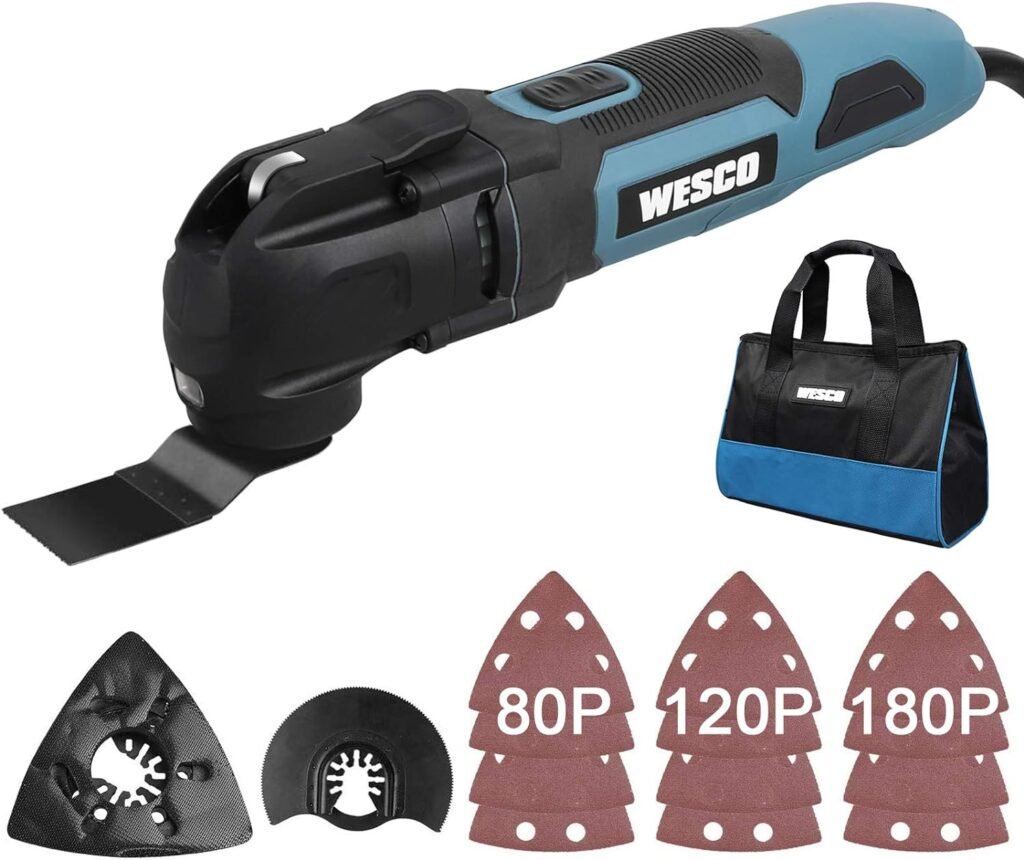 WESCO Oscillating Tool Kit, 2.5 Amp Corded Oscillating Multi-Tool with 15 Accessories, Variable Speed Oscillating, 3.2°Oscillation Angle, Universal Fit System, Carry Bag